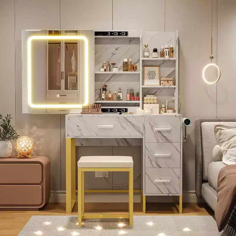 Coiffeuse, Coiffeuse Maquillage avec Miroir Coulissant Lumineux LED, Prise de Courant, Coiffeuse Maquillage