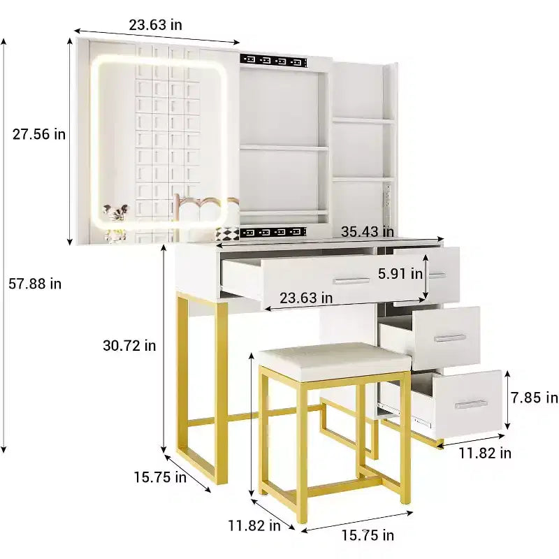 Coiffeuse, Coiffeuse Maquillage avec Miroir Coulissant Lumineux LED, Prise de Courant, Coiffeuse Maquillage