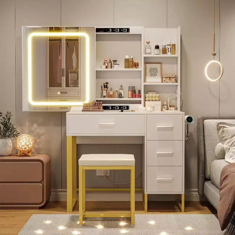 Coiffeuse, Coiffeuse Maquillage avec Miroir Coulissant Lumineux LED, Prise de Courant, Coiffeuse Maquillage
