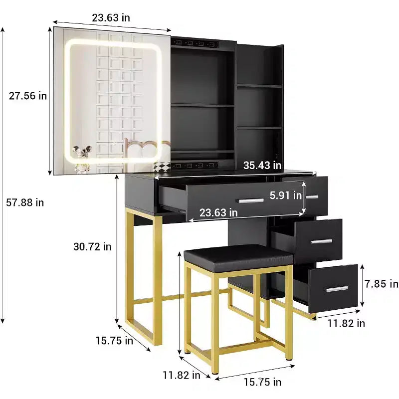 Coiffeuse, Coiffeuse Maquillage avec Miroir Coulissant Lumineux LED, Prise de Courant, Coiffeuse Maquillage