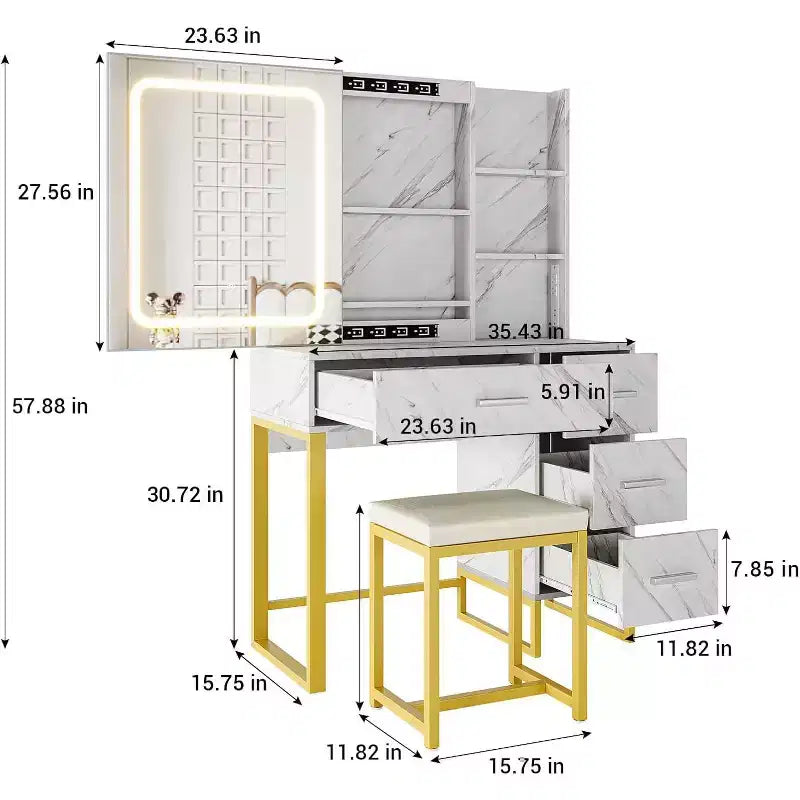 Coiffeuse, Coiffeuse Maquillage avec Miroir Coulissant Lumineux LED, Prise de Courant, Coiffeuse Maquillage