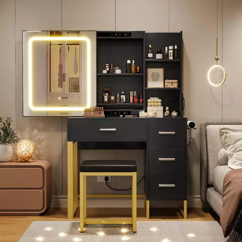 Vanity Desk, Makeup Vanity Desk with Sliding LED Lighted Mirror, Power Outlet, Makeup Vanity Set