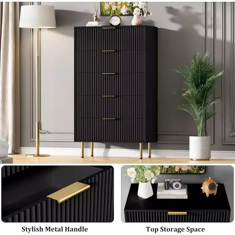 47.9 Commode de chambre à 5 tiroirs, commode haute en bois avec poignées métalliques, armoire de rangement compacte, pour placard, salon, entrée, noir