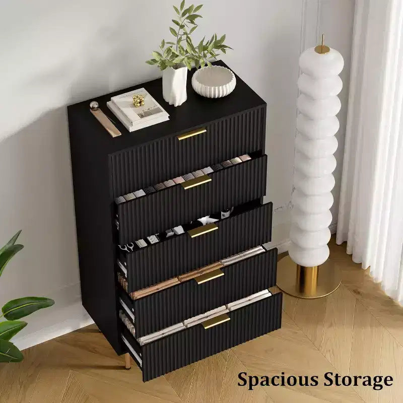 47.9 Commode de chambre à 5 tiroirs, commode haute en bois avec poignées métalliques, armoire de rangement compacte, pour placard, salon, entrée, noir