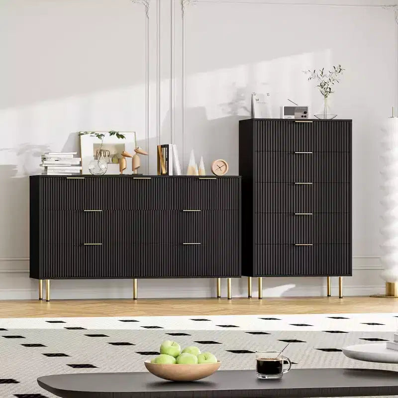 47.9 Commode de chambre à 5 tiroirs, commode haute en bois avec poignées métalliques, armoire de rangement compacte, pour placard, salon, entrée, noir