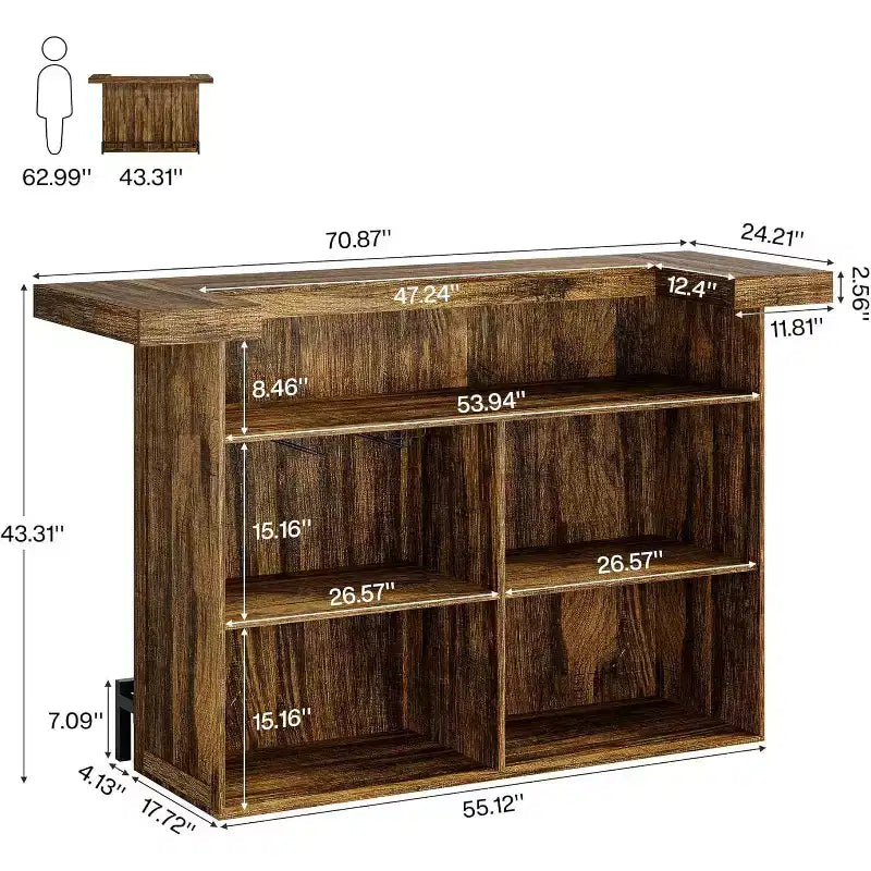 Table de bar moderne Lantine de 70,9 pouces à 4 niveaux, meuble de bar à domicile avec porte-verres et repose-pieds noir