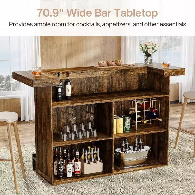 Table de bar moderne Lantine de 70,9 pouces à 4 niveaux, meuble de bar à domicile avec porte-verres et repose-pieds noir