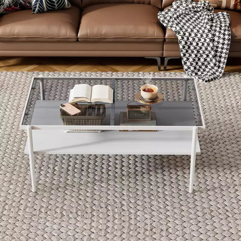 Table basse rectangulaire avec plateau en verre trempé gris et pieds blancs, table moderne pour le salon