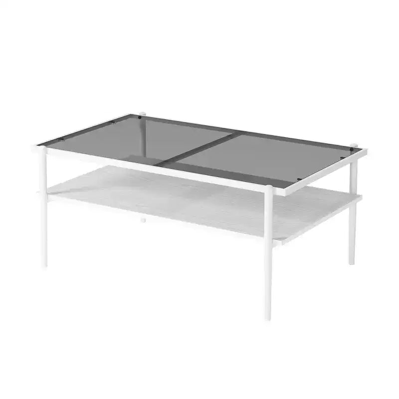 Table basse rectangulaire avec plateau en verre trempé gris et pieds blancs, table moderne pour le salon
