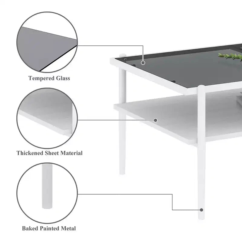 Table basse rectangulaire avec plateau en verre trempé gris et pieds blancs, table moderne pour le salon