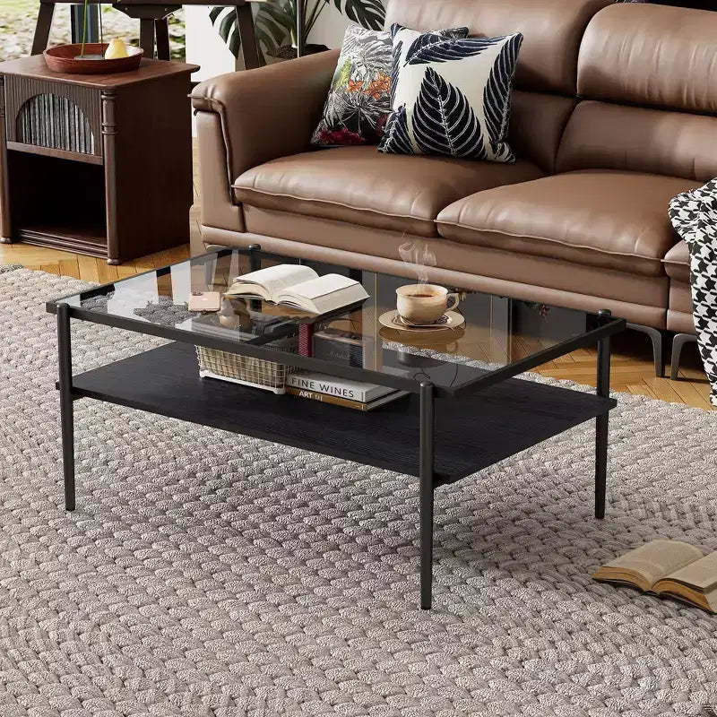 Table basse rectangulaire avec plateau en verre trempé gris et pieds blancs, table moderne pour le salon