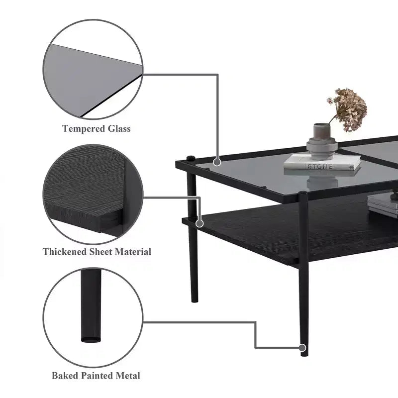 Table basse rectangulaire avec plateau en verre trempé gris et pieds blancs, table moderne pour le salon