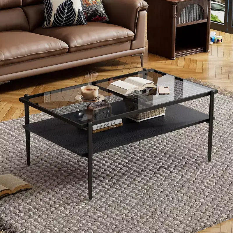 Table basse rectangulaire avec plateau en verre trempé gris et pieds blancs, table moderne pour le salon