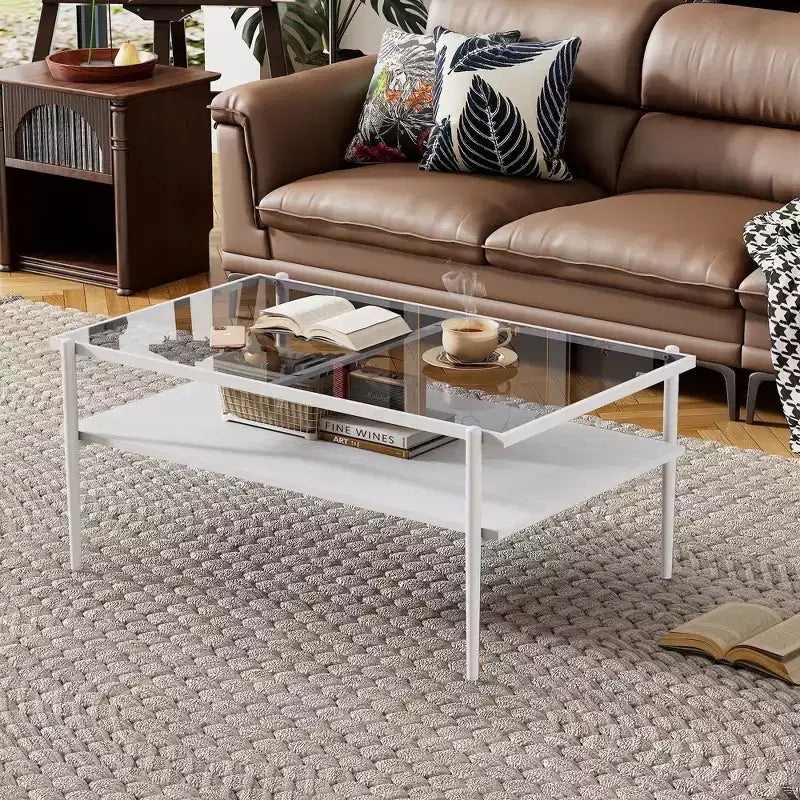 Rectangle Coffee Table with Gray Tempered Glass top and White Legs, Modern Table for Living Room