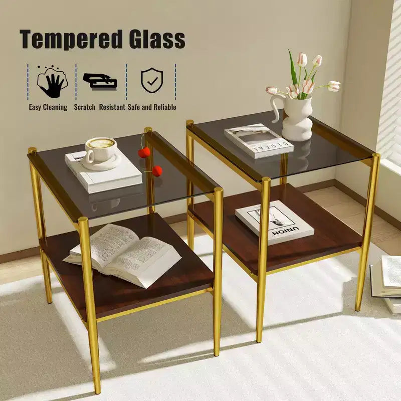 Table d'appoint rectangulaire, plateau en verre trempé avec couche de MDF, verre marron