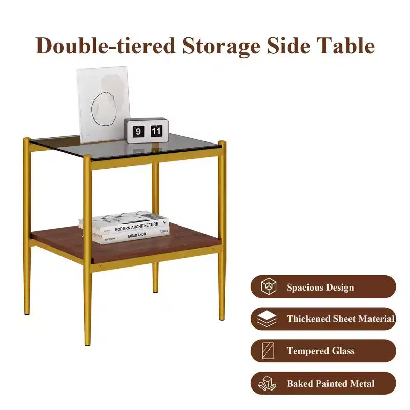 Table d'appoint rectangulaire, plateau en verre trempé avec couche de MDF, verre marron