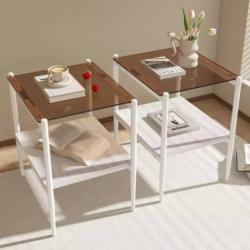 Table d'appoint rectangulaire, plateau en verre trempé avec couche de MDF, verre marron