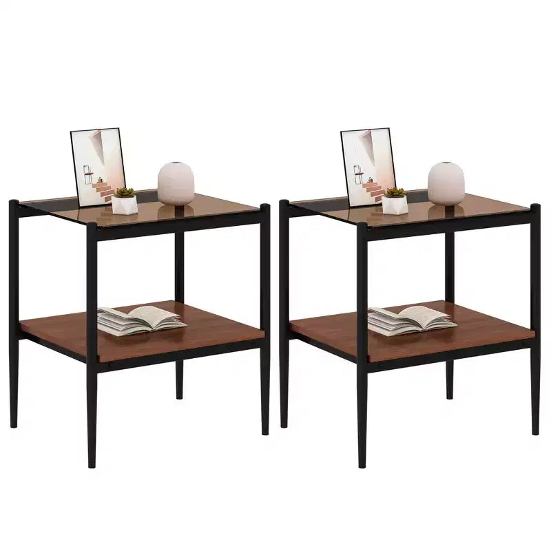 Table d'appoint rectangulaire, plateau en verre trempé avec couche de MDF, verre marron