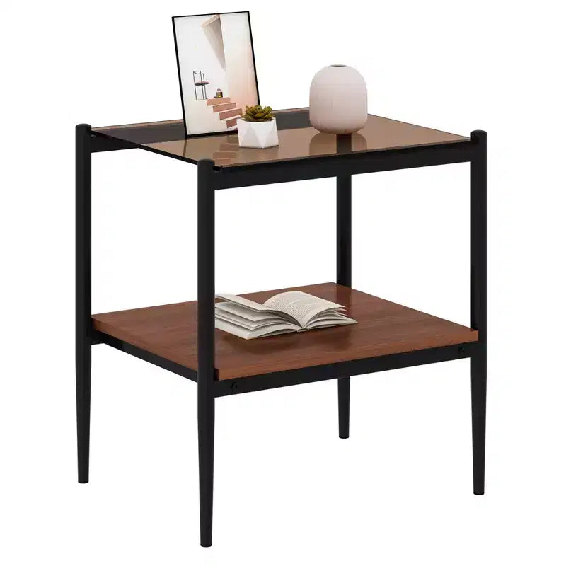 Table d'appoint rectangulaire, plateau en verre trempé avec couche de MDF, verre marron
