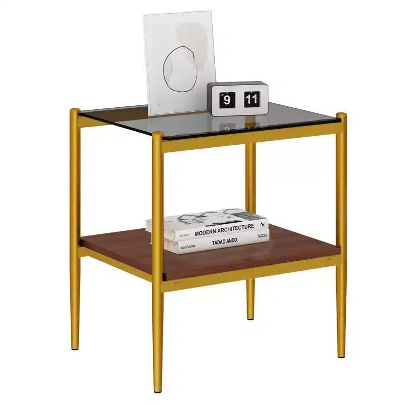 Table d'appoint rectangulaire, plateau en verre trempé avec couche de MDF, verre marron