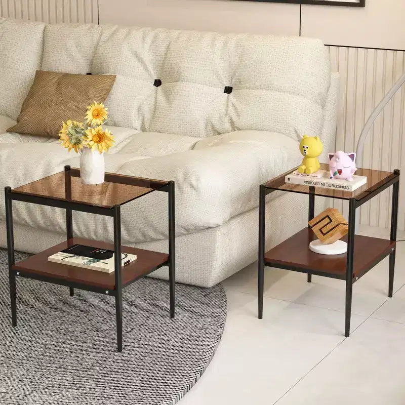 Table d'appoint rectangulaire, plateau en verre trempé avec couche de MDF, verre marron
