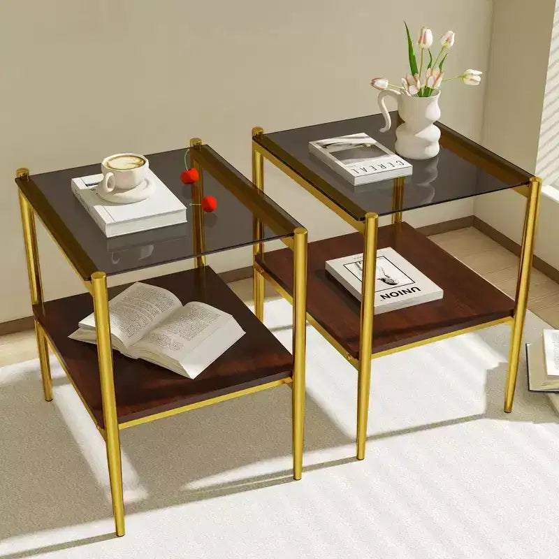 Table d'appoint rectangulaire, plateau en verre trempé avec couche de MDF, verre marron