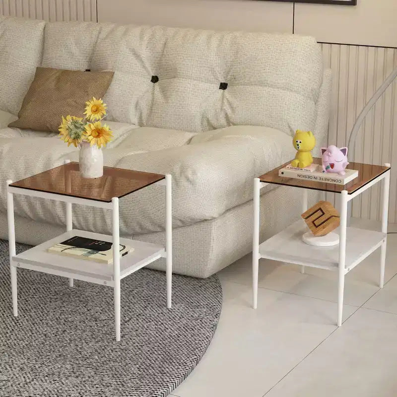 Set of 2 Rectangle End Table, Tempered Glass Tabletop with MDF layer,Brown Glass
