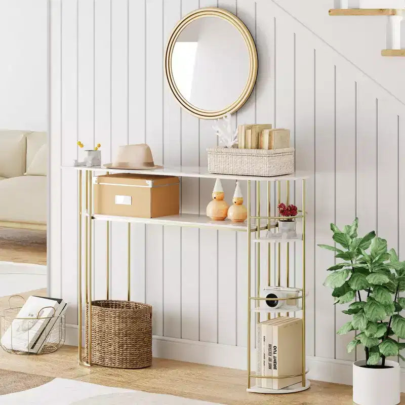 TROPOW 43.5 Console Table Gold Sofa Tables Narrow Entryway Table with Storage and Shelves, Behind Couch Hallway Table Modern Furniture for Bedroom