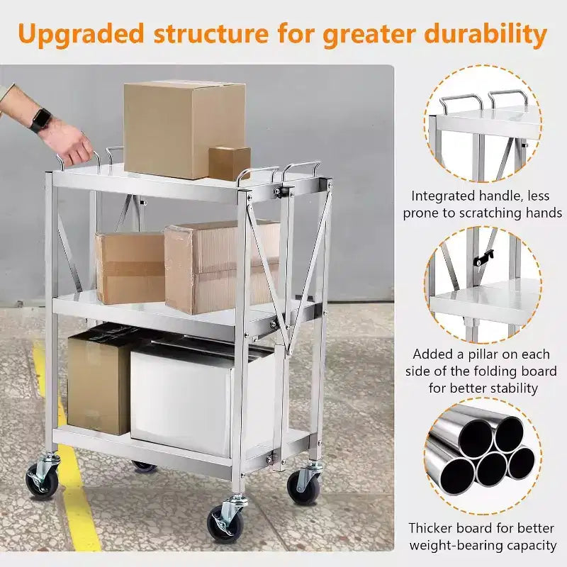 Chariot utilitaire pliable à roulettes, grande capacité de 136 kg, chariot en acier inoxydable, chariot roulant à 3 niveaux, pour restaurant, garage, bureau