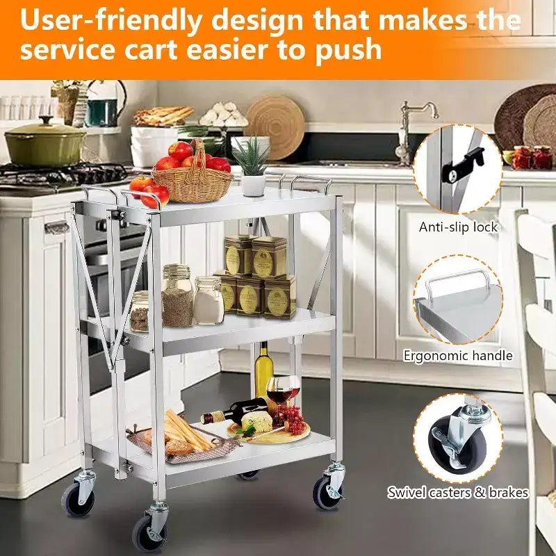 Chariot utilitaire pliable à roulettes, grande capacité de 136 kg, chariot en acier inoxydable, chariot roulant à 3 niveaux, pour restaurant, garage, bureau