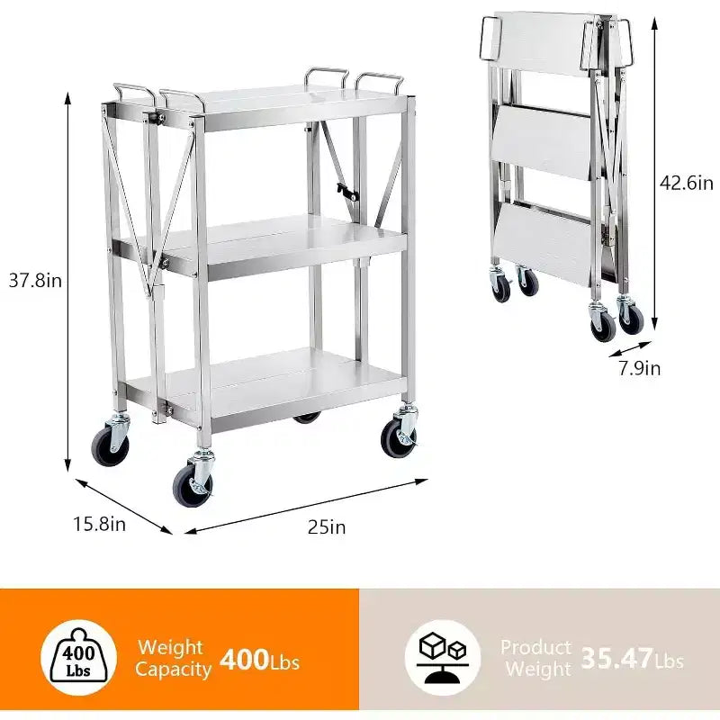 Chariot utilitaire pliable à roulettes, grande capacité de 136 kg, chariot en acier inoxydable, chariot roulant à 3 niveaux, pour restaurant, garage, bureau