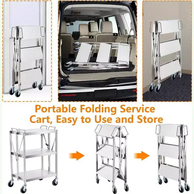 Chariot utilitaire pliable à roulettes, grande capacité de 136 kg, chariot en acier inoxydable, chariot roulant à 3 niveaux, pour restaurant, garage, bureau