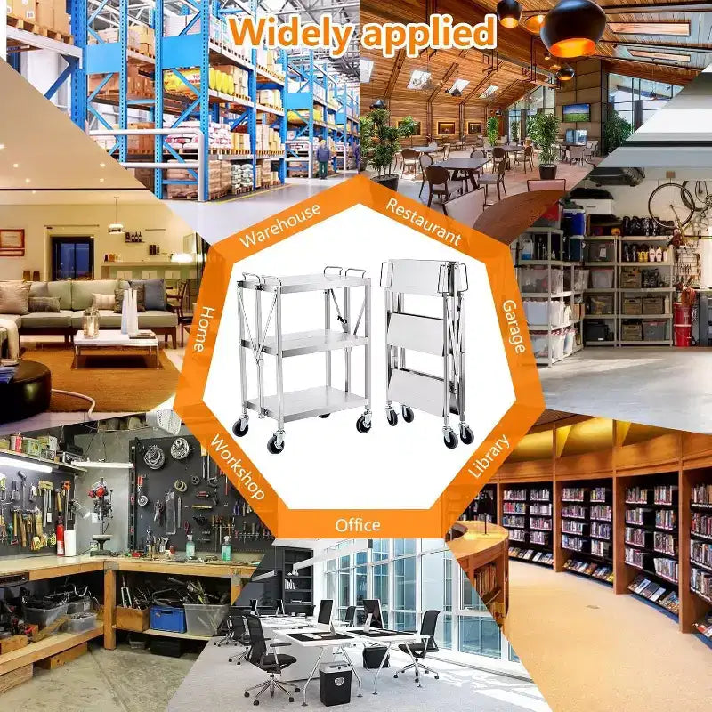 Chariot utilitaire pliable à roulettes, grande capacité de 136 kg, chariot en acier inoxydable, chariot roulant à 3 niveaux, pour restaurant, garage, bureau