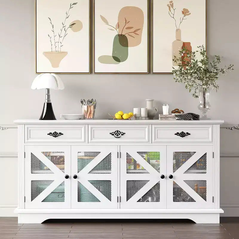 Buffet de 63 po avec station de recharge et 4 portes de grange grillagées, bahut de rangement pour bar à café pour salle à manger/salon