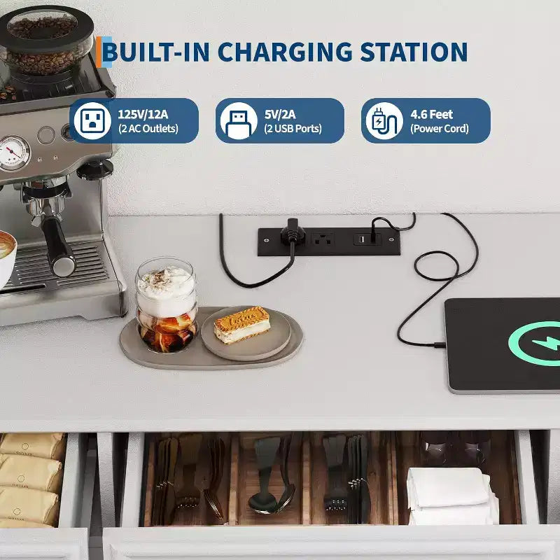 Buffet de 63 po avec station de recharge et 4 portes de grange grillagées, bahut de rangement pour bar à café pour salle à manger/salon