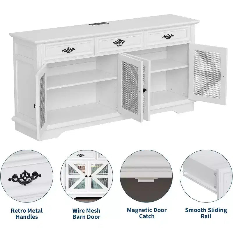 Buffet de 63 po avec station de recharge et 4 portes de grange grillagées, bahut de rangement pour bar à café pour salle à manger/salon