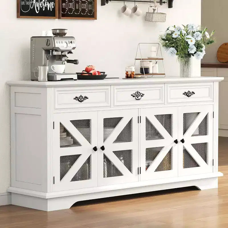 Buffet de 63 po avec station de recharge et 4 portes de grange grillagées, bahut de rangement pour bar à café pour salle à manger/salon