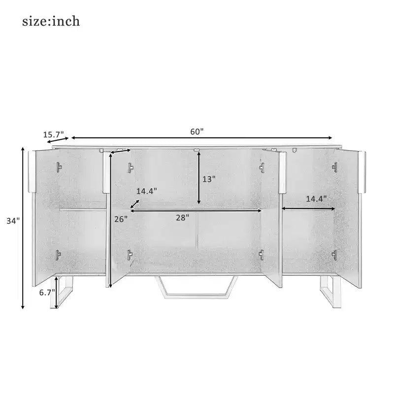 Bahut commode avec 4 portes, poignées métalliques et étagères réglables pour salle à manger, casiers