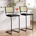 Black Counter Height Bar Stools Set of 2 Upholstered PU Leather Barstools with Rattan Back 30 inch Stools Armless Bar Chairs for Kitchen Island