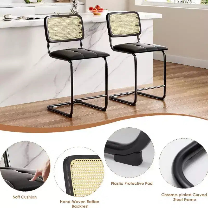 Tabourets de bar noirs rembourrés en cuir PU avec dossier en rotin, hauteur comptoir, 76 cm, sans accoudoirs, pour îlot de cuisine