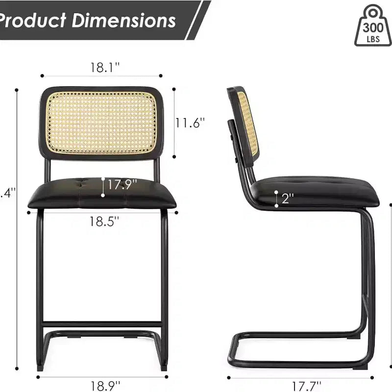 Tabourets de bar noirs rembourrés en cuir PU avec dossier en rotin, hauteur comptoir, 76 cm, sans accoudoirs, pour îlot de cuisine