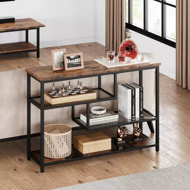 Console, Table basse 4 niveaux, Table d'entrée étroite avec étagère en verre trempé, Table de couloir industrielle, 100 cm L, Marron