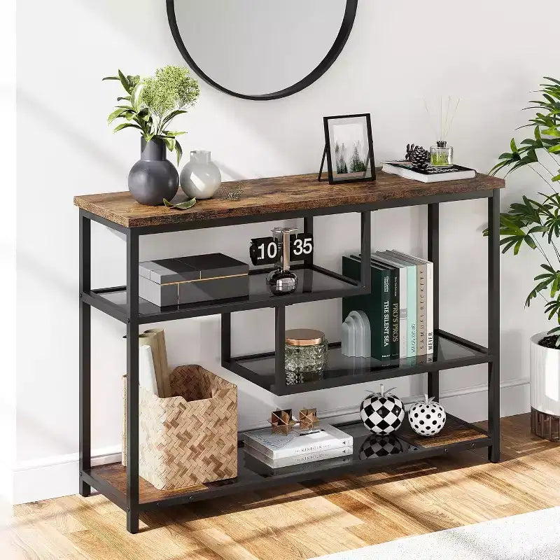 Console, Table basse 4 niveaux, Table d'entrée étroite avec étagère en verre trempé, Table de couloir industrielle, 100 cm L, Marron