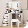 COZONY Vanity Desk with Mirror and Lights, Corner Vanity Set with 3 Lighting Options, 5 Drawers, Shelves & Cushioned Stool, White