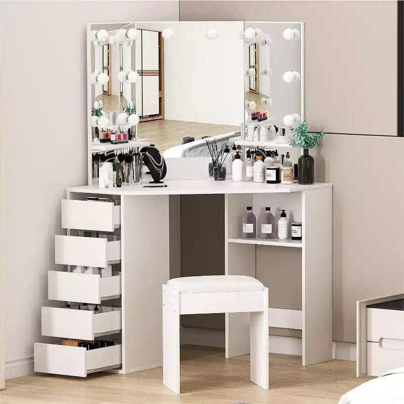 COZONY Vanity Desk with Mirror and Lights, Corner Vanity Set with 3 Lighting Options, 5 Drawers, Shelves & Cushioned Stool, White