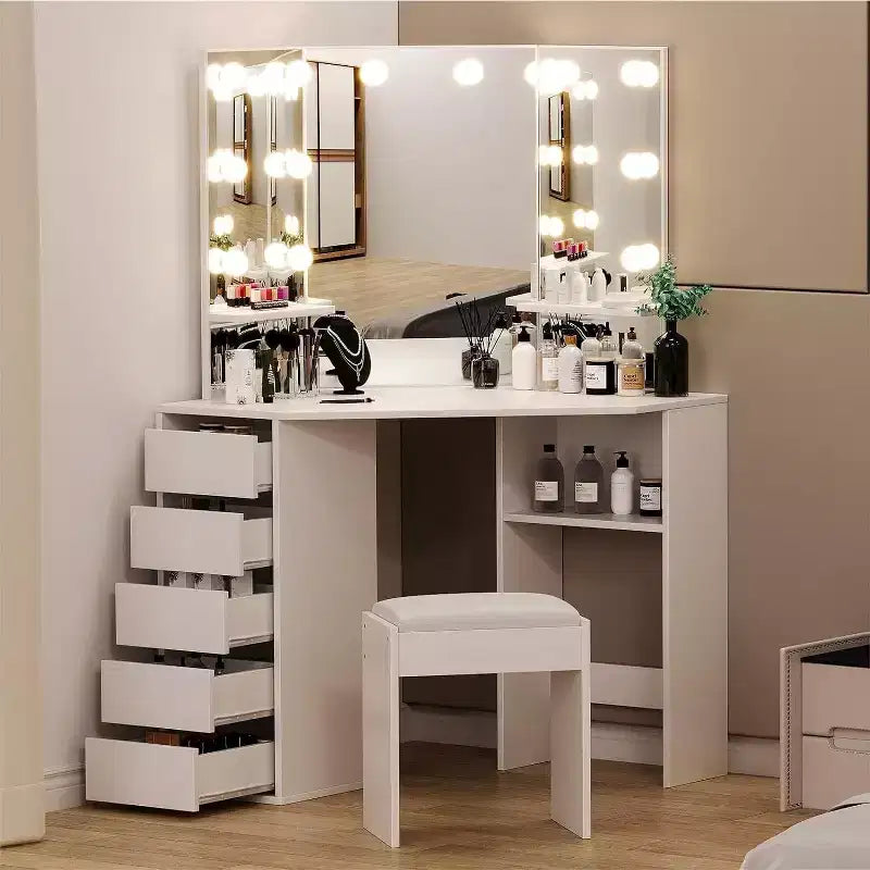 Coiffeuse avec Miroir et Lumières, Coiffeuse d'Angle avec 3 Options d'Éclairage, 5 Tiroirs, Étagères et Tabouret Rembourré, Blanche