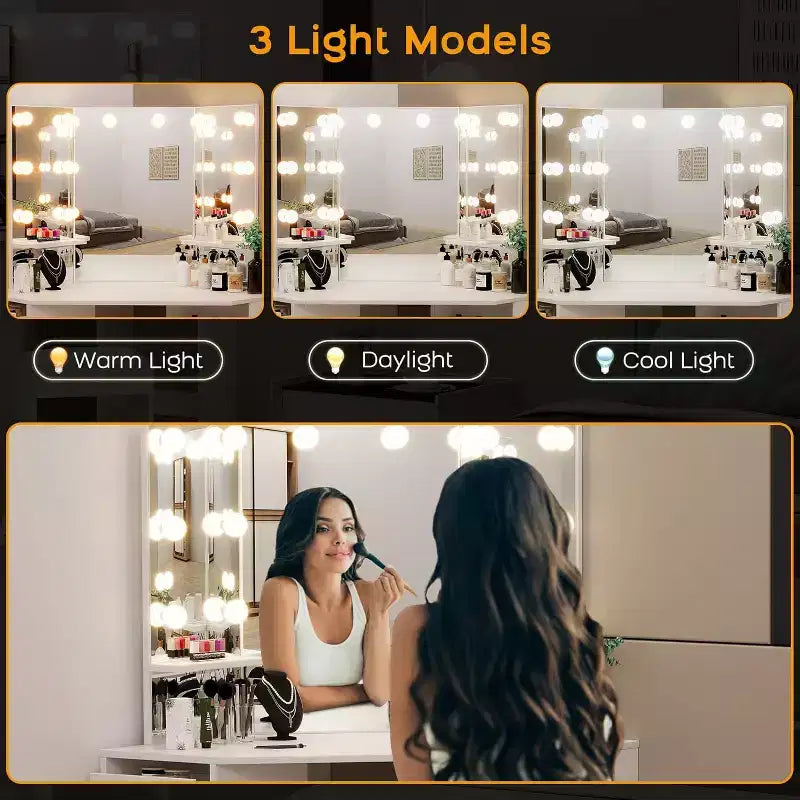 Coiffeuse avec Miroir et Lumières, Coiffeuse d'Angle avec 3 Options d'Éclairage, 5 Tiroirs, Étagères et Tabouret Rembourré, Blanche