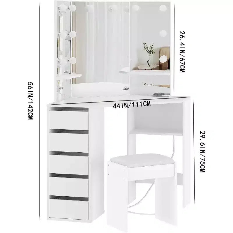 Coiffeuse avec Miroir et Lumières, Coiffeuse d'Angle avec 3 Options d'Éclairage, 5 Tiroirs, Étagères et Tabouret Rembourré, Blanche