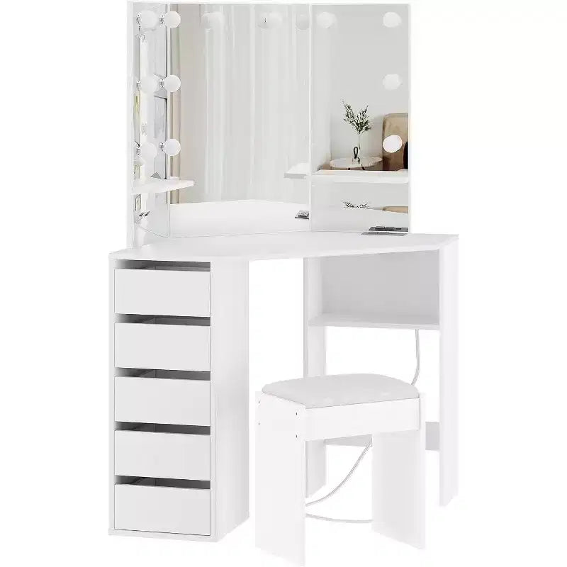Coiffeuse avec Miroir et Lumières, Coiffeuse d'Angle avec 3 Options d'Éclairage, 5 Tiroirs, Étagères et Tabouret Rembourré, Blanche