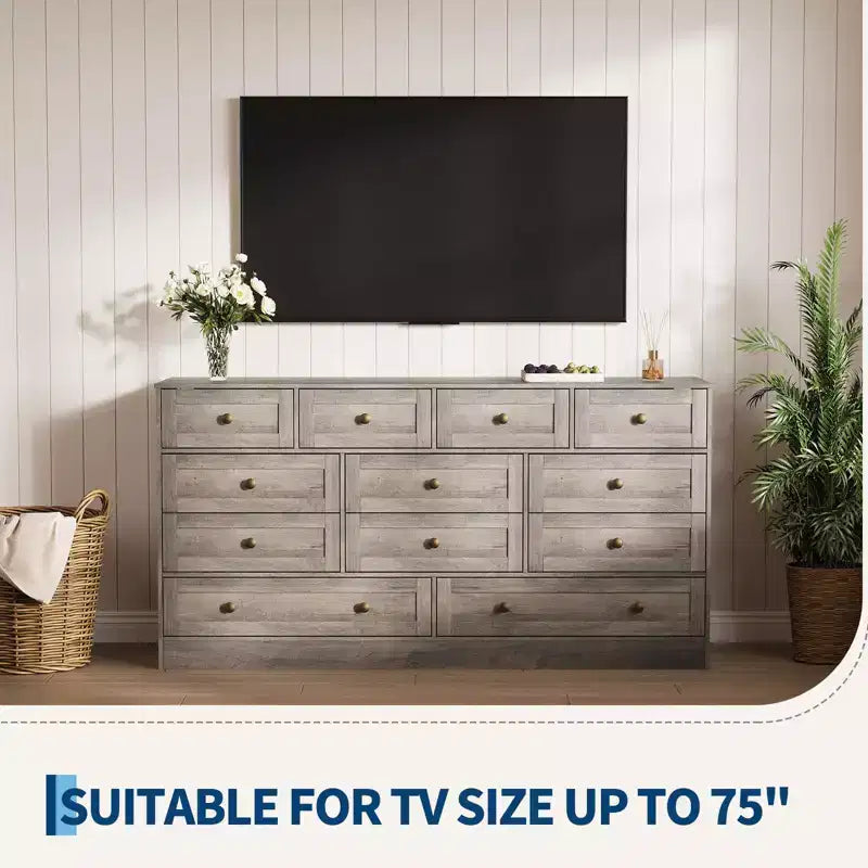 Commode 12 tiroirs pour chambre à coucher, commode en bois de 155 cm de large avec poignées métalliques, commode meuble TV pour téléviseurs jusqu'à 65 pouces, organisateur de rangement pour vêtements